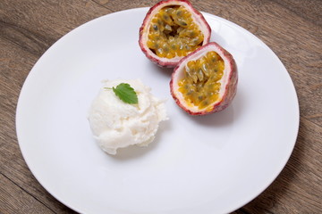 Milk ice cream with Passion fruit topping