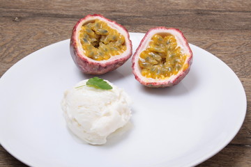 Milk ice cream with Passion fruit topping