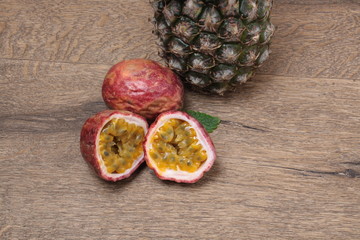 Exotic fruits on a wooden table