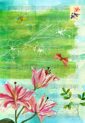 Vintage style collage with sheet music, lily and butterflies