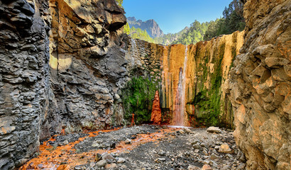 Waterfall Cascada de Colores at La Palma (Canary Islands) - obrazy, fototapety, plakaty