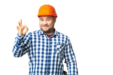 Portrait of construction builder isolated on white.