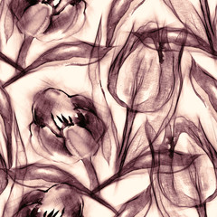 Seamless Pattern of Sketched Tulips - obrazy, fototapety, plakaty