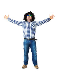 Young guy having fun in black wig - isolated on white background.