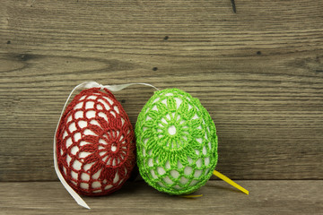 Easter eggs on a wooden countertop