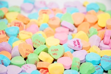Colorful background of conversation hearts, great for Valentine's Day projects