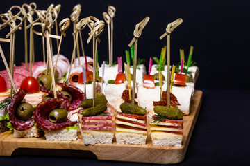 Different kinds of snacks canape on skewers. Shallow depth of fi