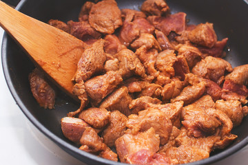 Pork fried in a pan

