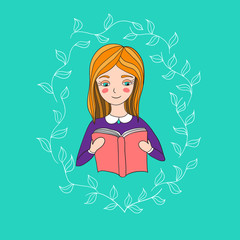Girl reading a book. Illustration with floral frame