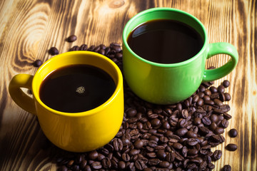 Coffee on wooden table for background. Selective focus. Toned