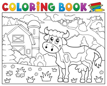 Coloring book cow near farm theme 1