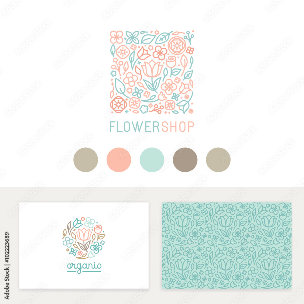 Poster vector set of logo design templates, seamless patterns and signs