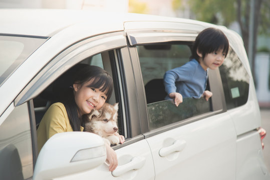 asian children and siberian husky puppy sitting in the car