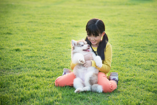 asian girl playing with siberian husky puppy in the park