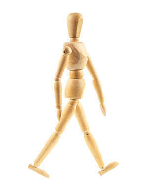 Wooden figure walking  on white background
