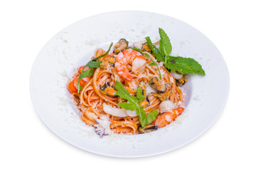 Pasta with seafood and parmesan cheese, isolated