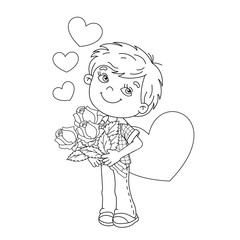 Coloring Page Outline Of boy with roses with hearts