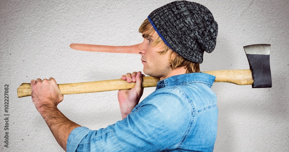 Poster composite image of side view of hipster standing with axe
