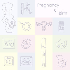 Medicine and pregnancy vector line icons set
