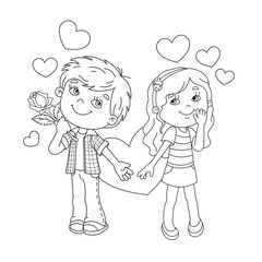 Coloring Page Outline Of Boy and girl with hearts