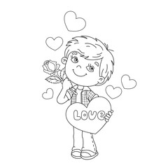 Coloring Page Outline Of boy with rose in hand with hearts