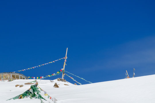 Many prayer flegs at Khadung La pass, 5600 meter msl, Ladakh Ind