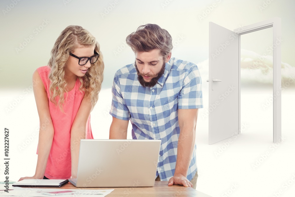 Poster composite image of man using laptop while discussing with woman