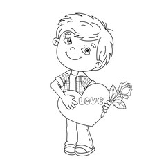 Coloring Page Outline Of  boy with rose in hand with heart