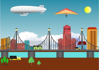 City buildings view vector illustration, , buildings, bly sky on background, clouds on horizon,bridge, river, sun.