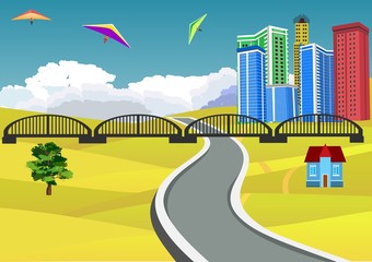 Countryside view vector illustration, yellow hills,3d buildings, bly sky on background, clouds on horizon. Road on foreground
