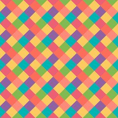 Seamless geometric pattern. Diagonal square, braiding, woven line background. Strapwork texture in warm, brigth, variegated, kitsch, festival, clown, holiday colors. Rhomb figure texture. Vector