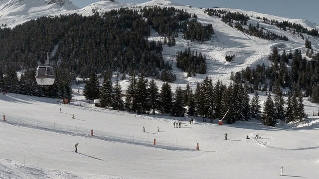 Aerial shot of a Ski resort in the French alps with alpine tree's in foreground
