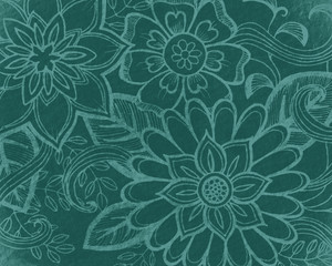 floral pattern in teal green, elegant abstract flowers hand drawn on blue green background, wedding design or website graphic art backdrop, doodled flower art