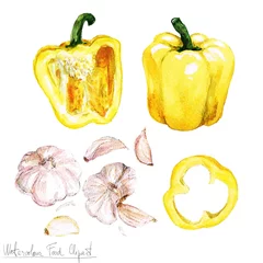 Schilderijen op glas Watercolor Food Clipart - Bell Pepper and Garlic © nataliahubbert