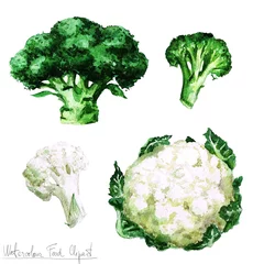 Schilderijen op glas Watercolor Food Clipart - Cauliflower and Broccoli © nataliahubbert