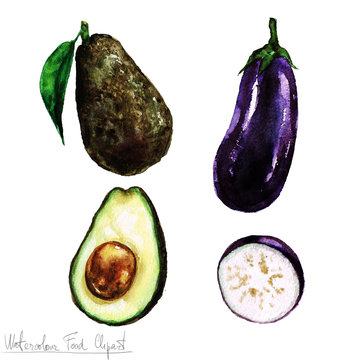 Watercolor Food Clipart - Eggplant and Avocado