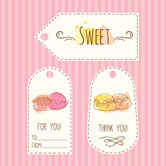 Tags with candy illustration. Vector hand drawn labels set with watercolor splashes. Sweet vector candies design.