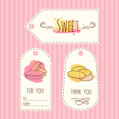 Tags with cookie illustration. Vector hand drawn labels set with watercolor splashes. Sweet vector macaroons. 