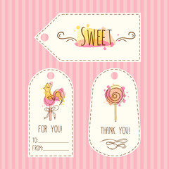 Tags with lollipop illustration. Vector hand drawn labels set with watercolor splashes. Sweet candies design.