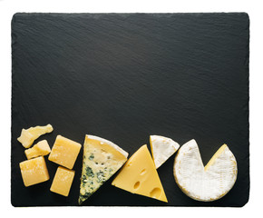 Different varieties of cheese on a black board