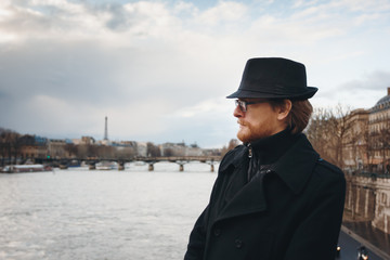 Serious Pensive Bearded Man Wearing Hat in Paris