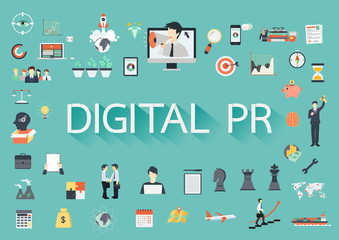 The word DIGITAL PR surrounding by concerning flat icons 