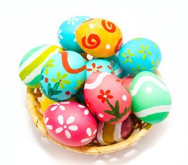Fototapeta na wymiar Perfect colorful handmade easter eggs in the basket