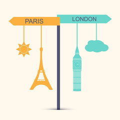Travel banner. Concept of choice between London and Paris