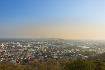 Top view of Nakhon Sawan city with big gold Buddha statue, Thail