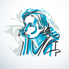 Vector drawing of beautiful tender woman, portrait in minimal style