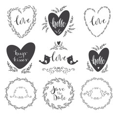 Set of decorative design elements frames, hearts, embellishments. Vector