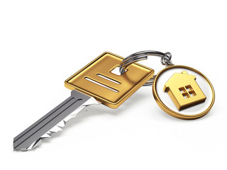 Key and round key chain with house isolated on white