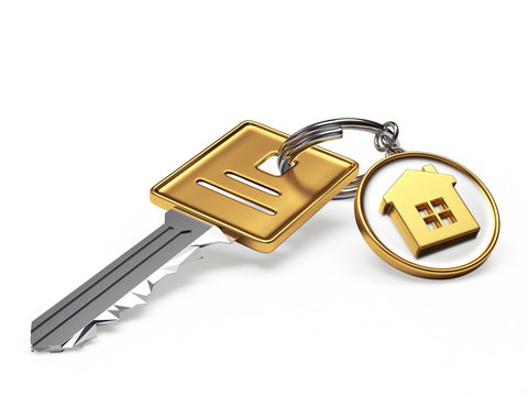 Key and round key chain with house isolated on white