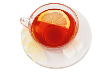 Glass cup with tea and lemon
